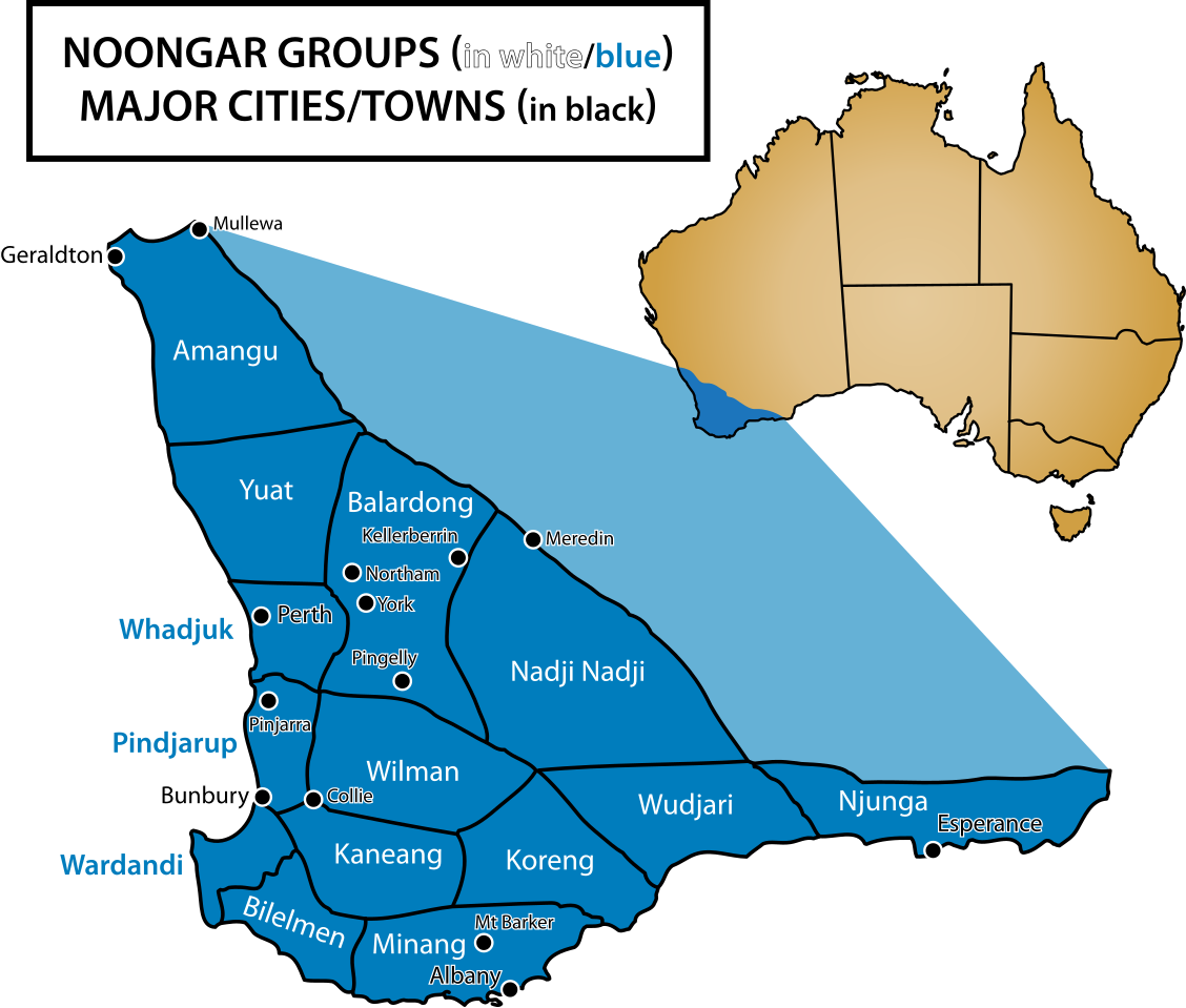 A map of the South West of Western Australia showing the boundaries of the different socio-dialectal groups within Noongar Boodja country.